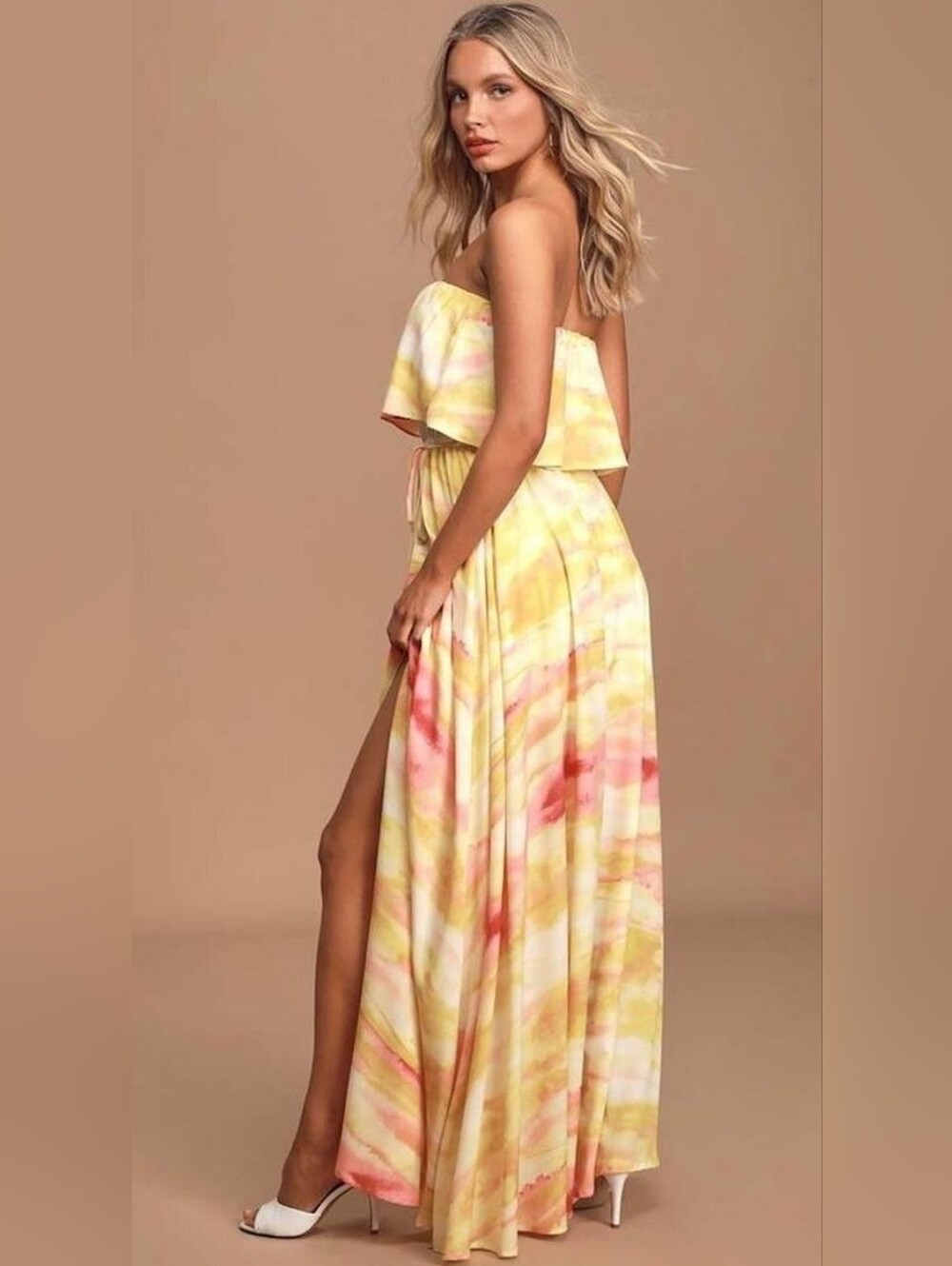 Lulu's Full Of Sunshine Strapless Watercolor Maxi Dress in Yellow & Pink Size M - Picture 2 of 14